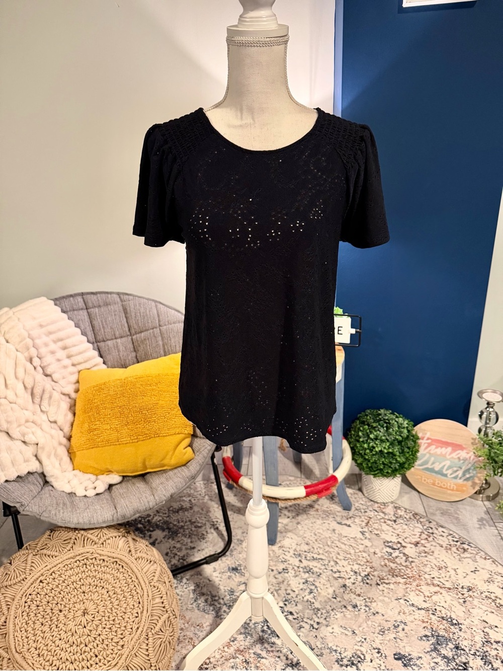 Joan Vass Black Eyelet Flutter Sleeve Top S